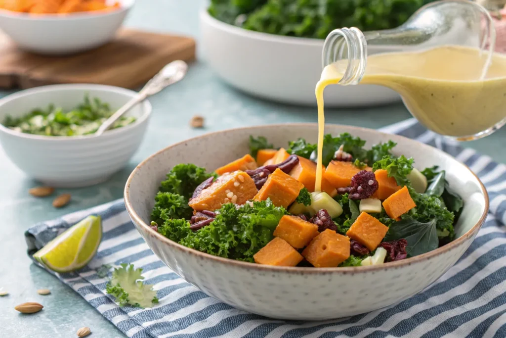 "A tangy vinaigrette dressing being drizzled over a bowl of kale sweet potato salad."
