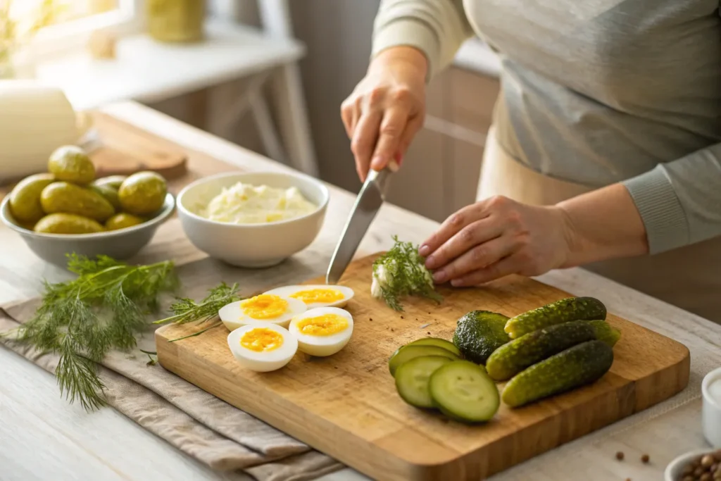 Close-up of hands chopping dill pickles on a wooden cutting board with boiled eggs and a bowl of mayonnaise in the background.