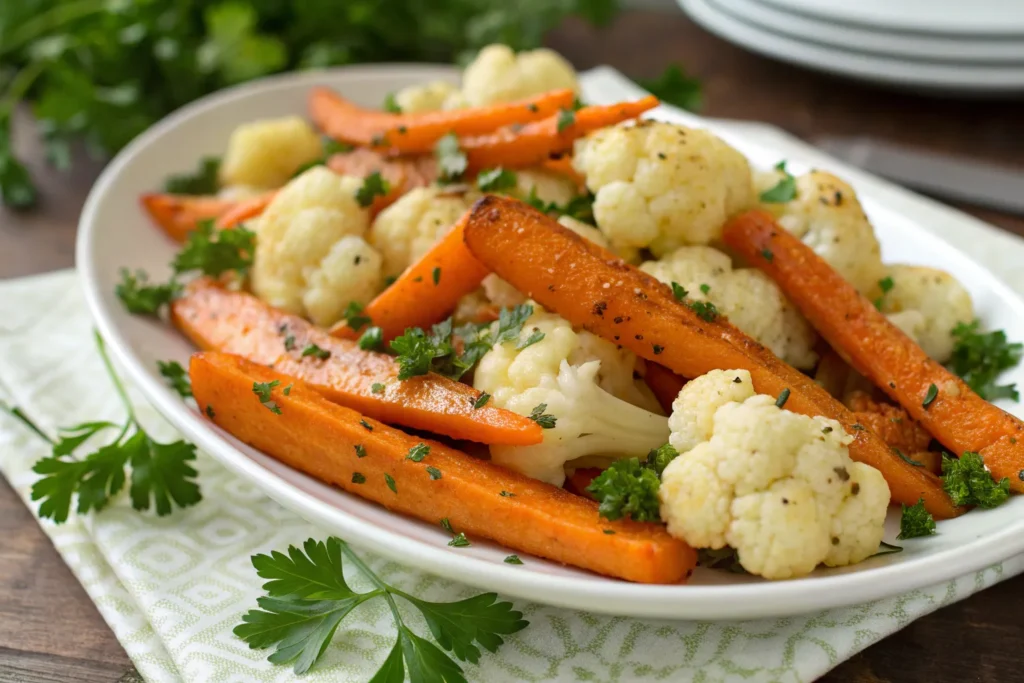  "A serving plate of roasted carrots and cauliflower garnished with fresh parsley."