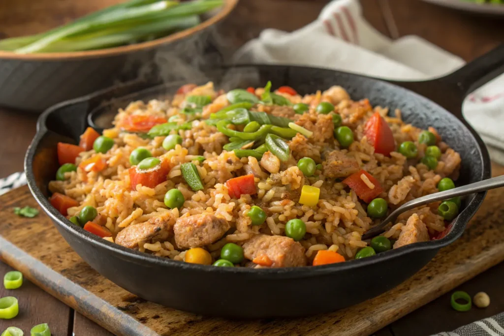 A skillet filled with ground turkey fried rice, featuring colorful vegetables like peas and carrots, garnished with green onions.