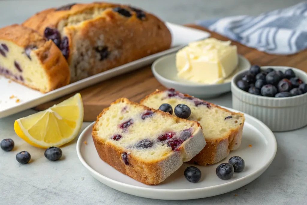 "A slice of toasted lemon blueberry sourdough bread served with butter and fresh blueberries on the side."
