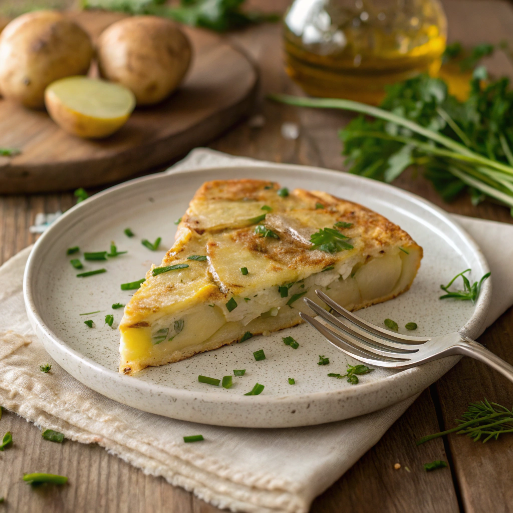 "A slice of turnips and potatoes frittata being served on a plate, garnished with fresh herbs."