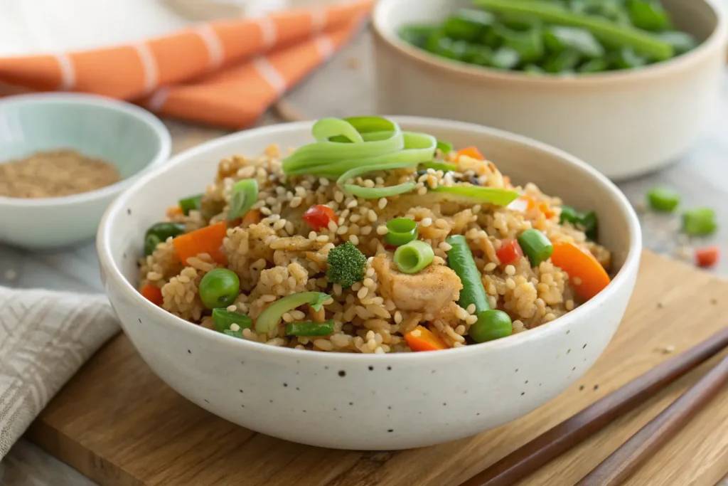 A bowl of ground turkey fried rice served hot, garnished with green onion slices and a sprinkle of sesame seeds.