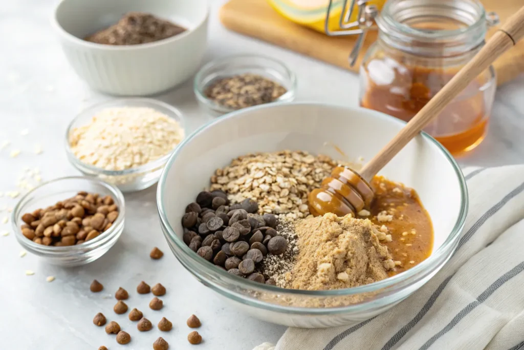 "Step-by-step process of making almond butter energy balls in a mixing bowl"
