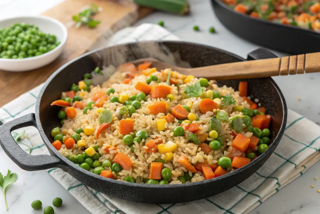 "Frozen veggie fried rice cooking in a skillet with vibrant peas, carrots, and corn."