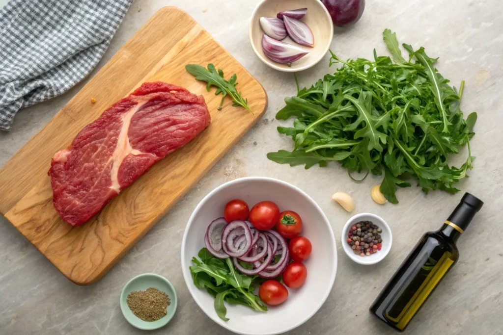 "Ingredients for steak arugula salad: raw steak, arugula, cherry tomatoes, Parmesan, red onion, olive oil, and balsamic vinegar."
