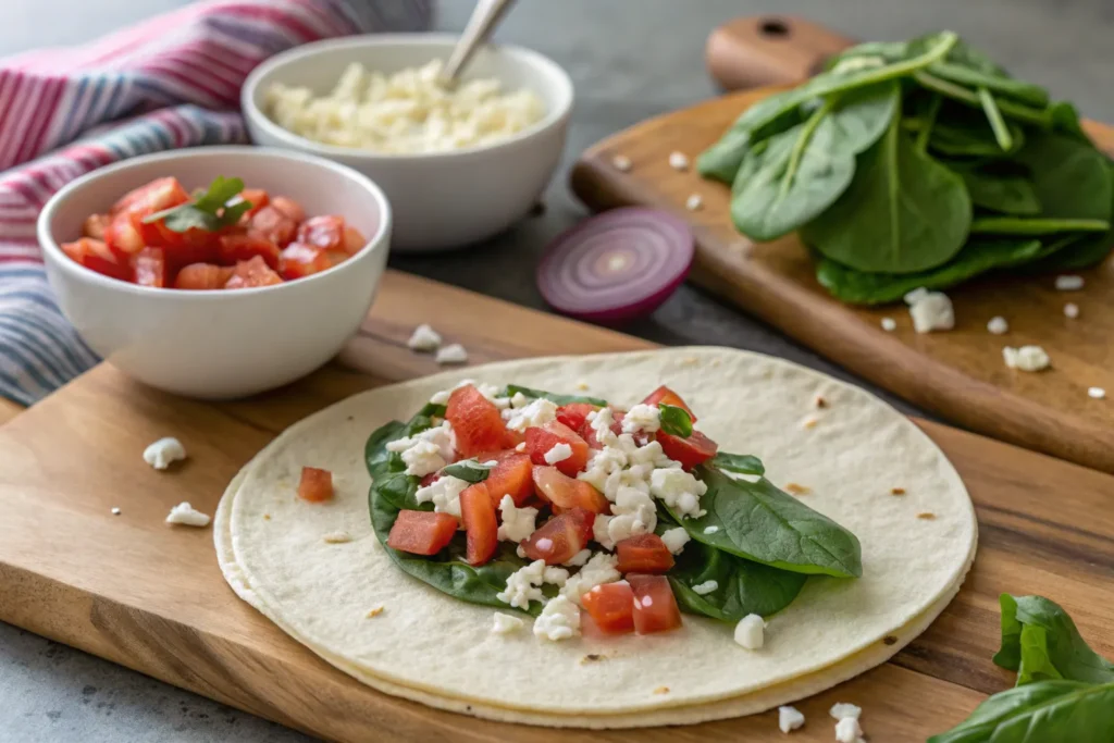 A tortilla being topped with feta cheese, spinach, and other ingredients before folding it in half.
