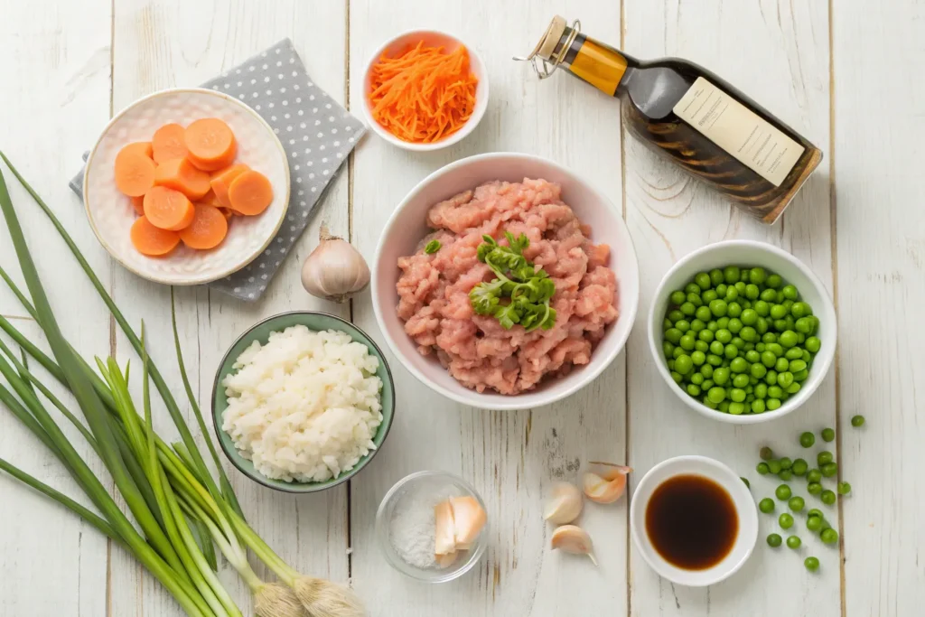 Ingredients for ground turkey fried rice, including ground turkey, rice, carrots, peas, soy sauce, sesame oil, garlic, and green onions.