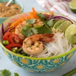 "A vibrant spring roll bowl with rice noodles, fresh vegetables, grilled shrimp, and peanut sauce, garnished with cilantro and lime."