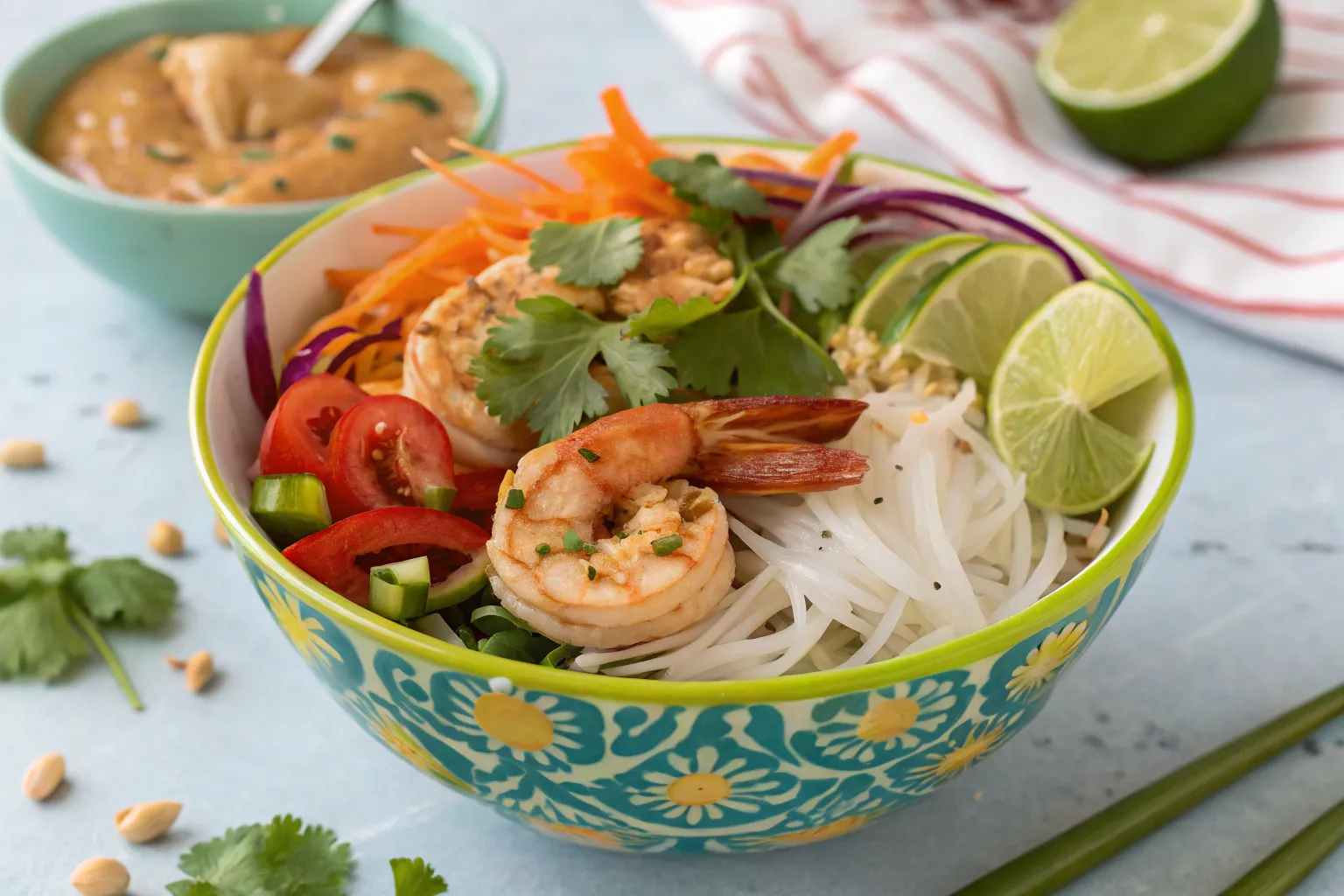 "A vibrant spring roll bowl with rice noodles, fresh vegetables, grilled shrimp, and peanut sauce, garnished with cilantro and lime."