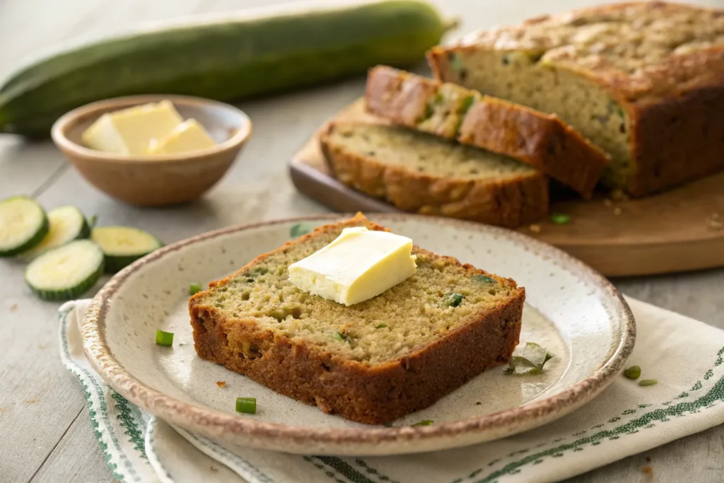 "Warm slice of zucchini applesauce bread topped with butter and served on a plate."
