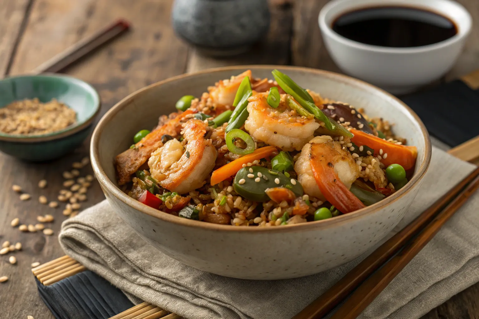 "A bowl of authentic Shanghai Fried Rice with dark soy sauce, shrimp, vegetables, and spring onions, served hot."