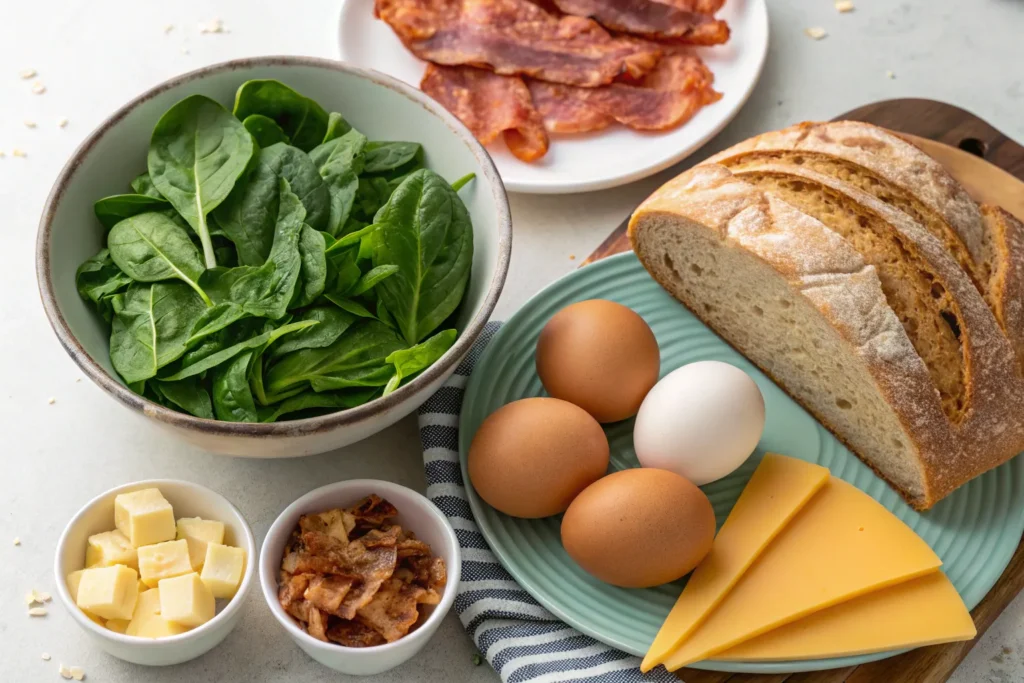 "Ingredients for a sourdough breakfast sandwich including eggs, bacon, spinach, cheese, and sourdough bread"