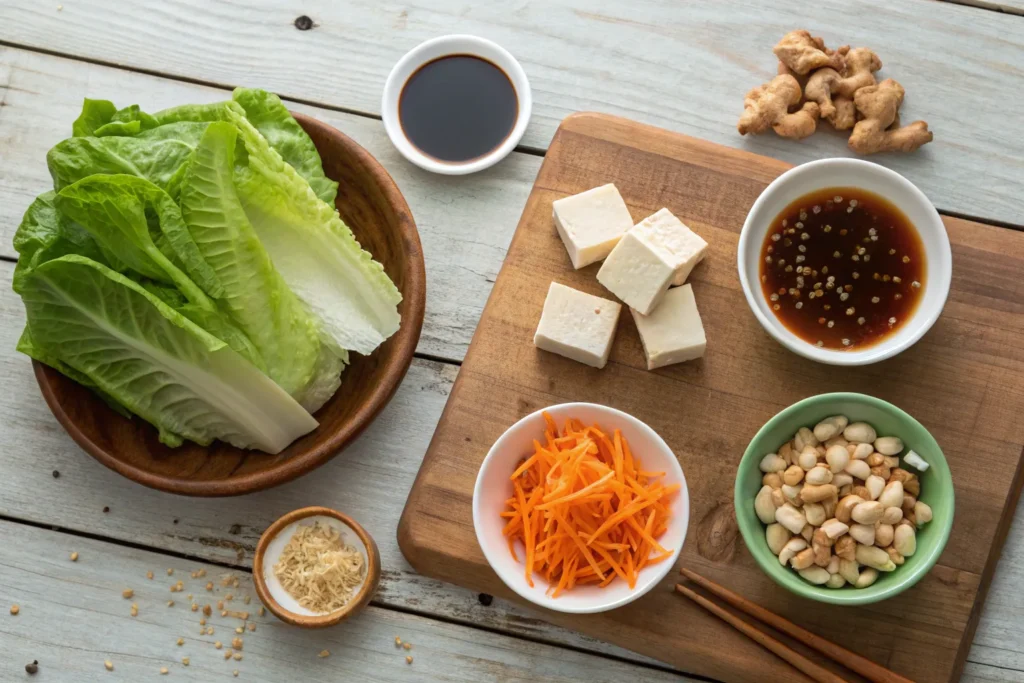 "Ingredients for tofu lettuce wraps, including lettuce leaves, tofu, soy sauce, hoisin sauce, and sesame oil."
