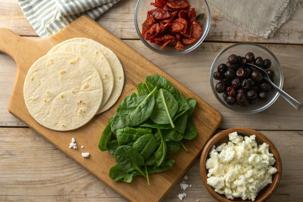 Fresh spinach leaves, crumbled feta cheese, tortillas, and optional ingredients like sun-dried tomatoes and olives arranged on a wooden cutting board.
