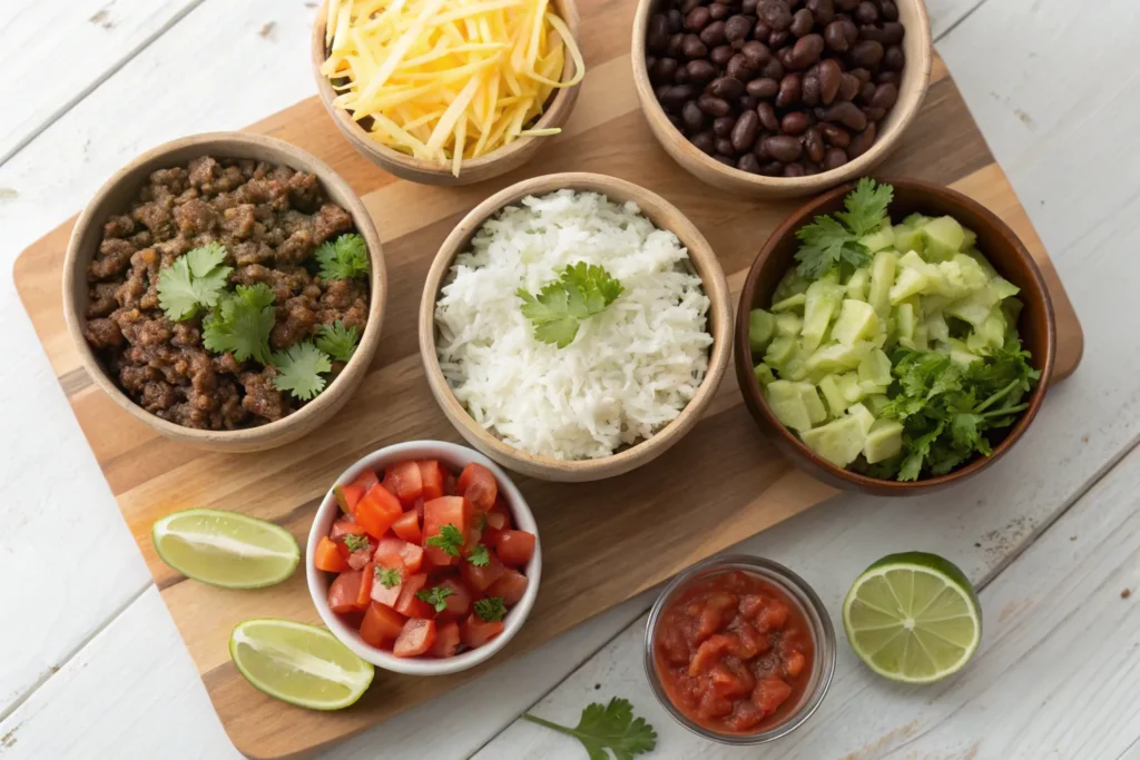 Ingredients for a ground beef burrito bowl, including rice, beans, and fresh vegetables.