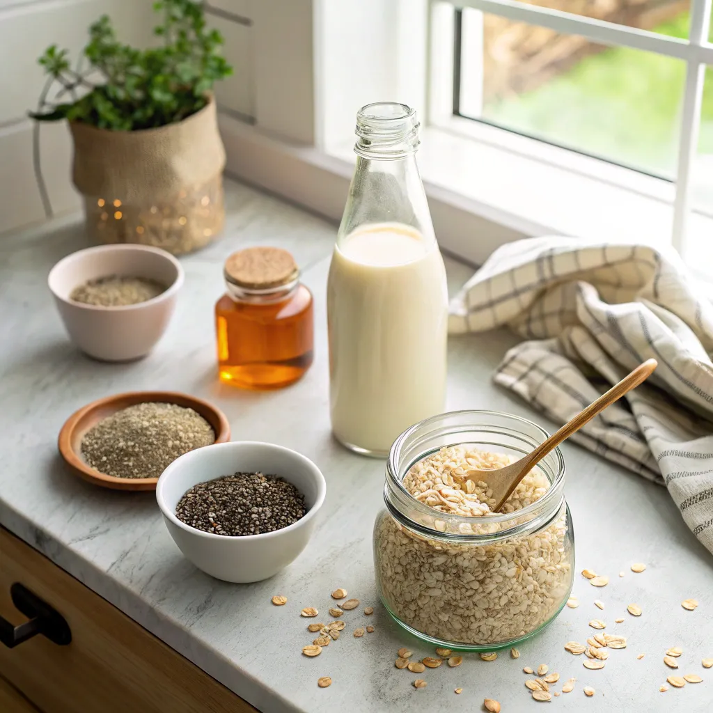 “Purely Elizabeth oats ingredients on a kitchen counter: oats, almond milk, chia seeds, and honey”
