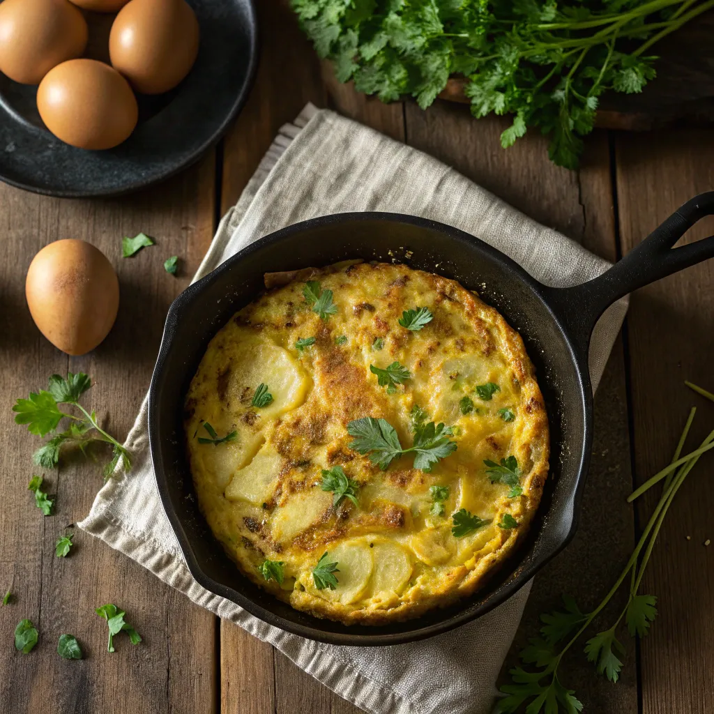 "A freshly cooked turnips and potatoes frittata served in a skillet, garnished with fresh parsley."