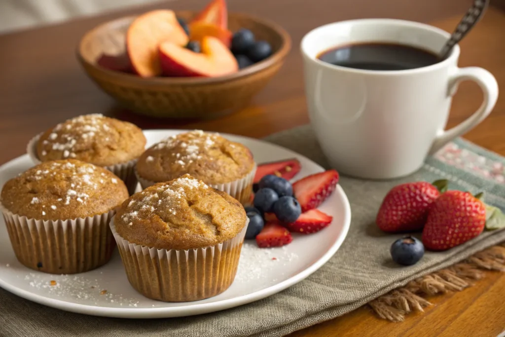 "Banana pumpkin muffins served with a cup of coffee and fresh fruit on the side"
