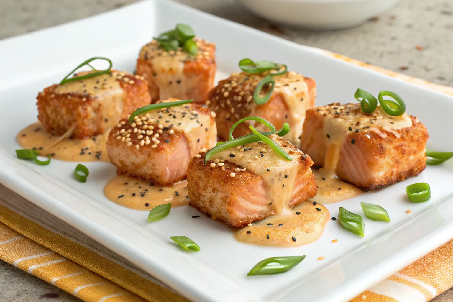 "A plate of golden, crispy salmon bites served with dipping sauces and lemon wedges."