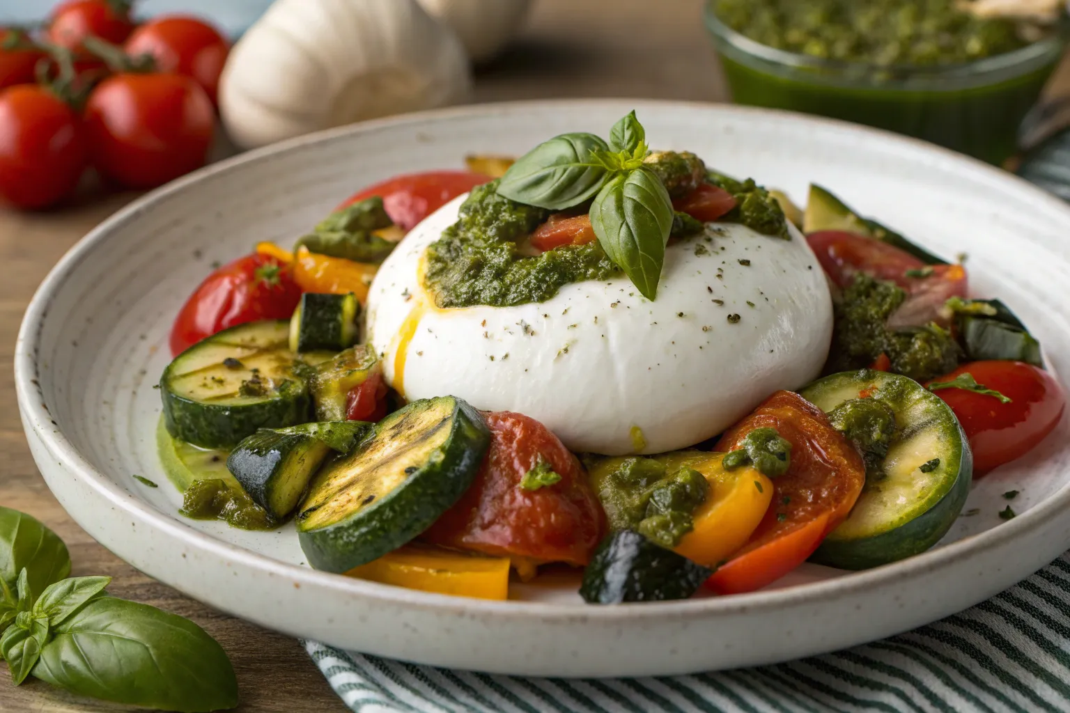 "Burrata cheese surrounded by roasted vegetables and topped with fresh pesto."