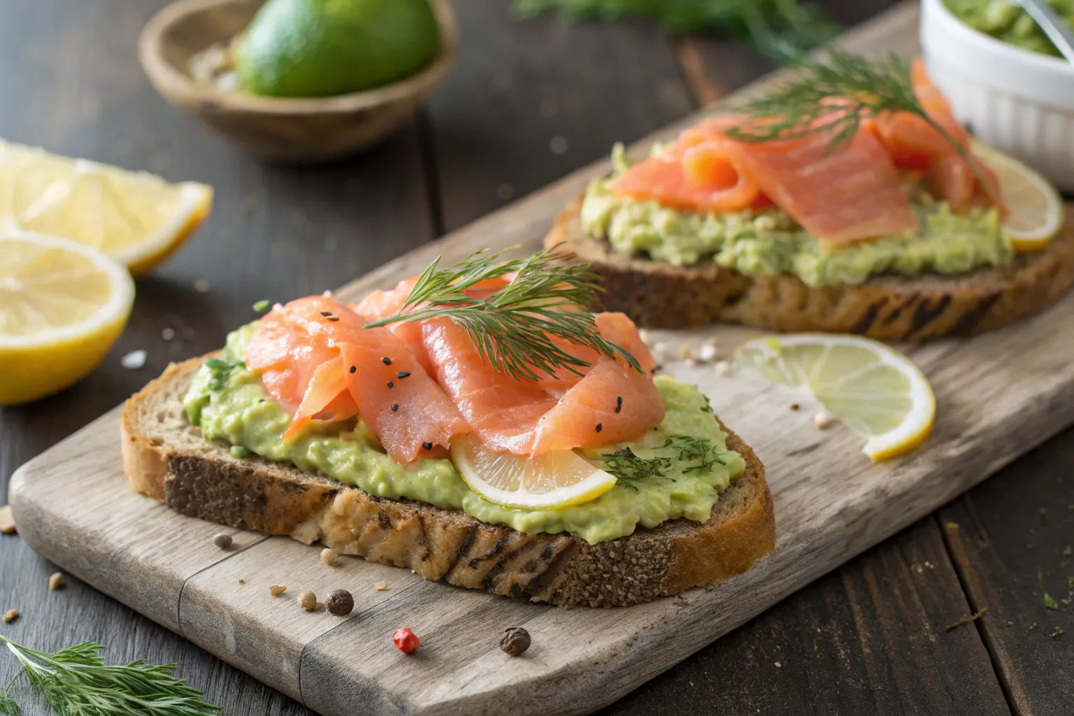 “Close-up of salmon avocado toast on whole grain bread garnished with fresh dill and lemon slices.”