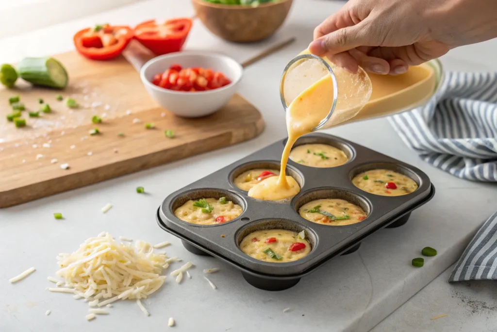 “Pouring egg mixture into muffin molds to make egg bites without cottage cheese.”
