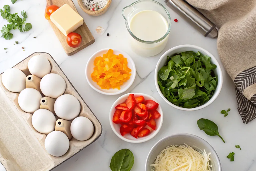 “Ingredients for egg bites recipe without cottage cheese, including eggs, cream, vegetables, and cheese.”
