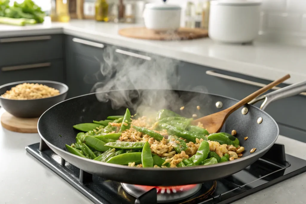 "Stir-frying garlic and snow peas in a wok for a healthy rice noodle dish."
