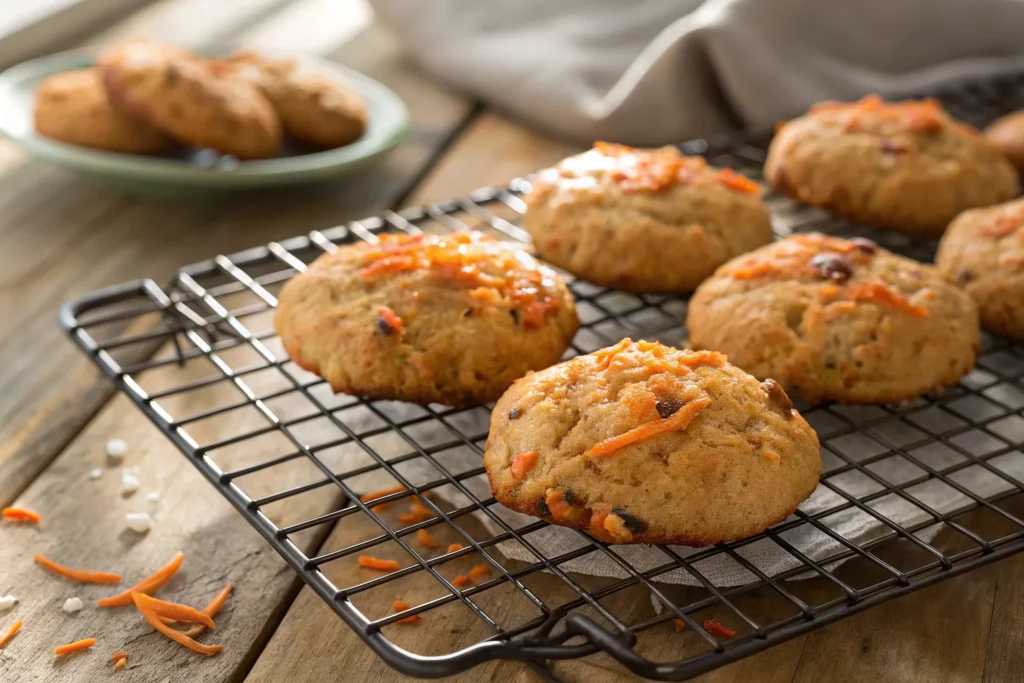 "Freshly baked carrot cake cookies cooling on a wire rack"

