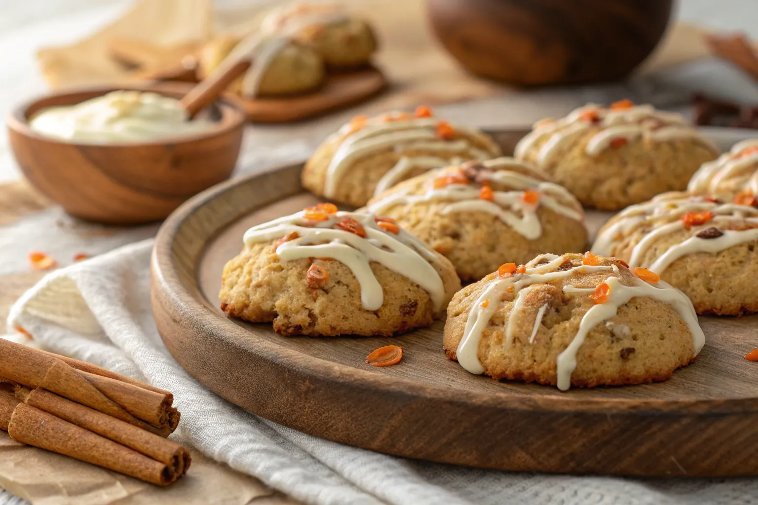 "Carrot cake cookies drizzled with cream cheese frosting on a serving plate"