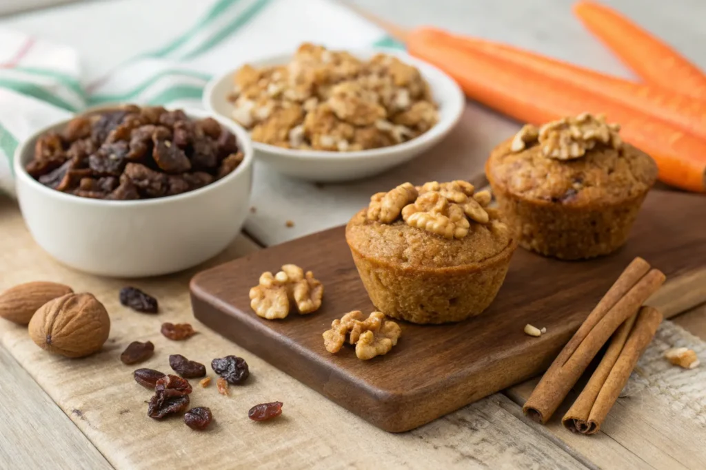 "Optional add-ins for carrot cake zucchini muffins, including walnuts, raisins, and cinnamon."