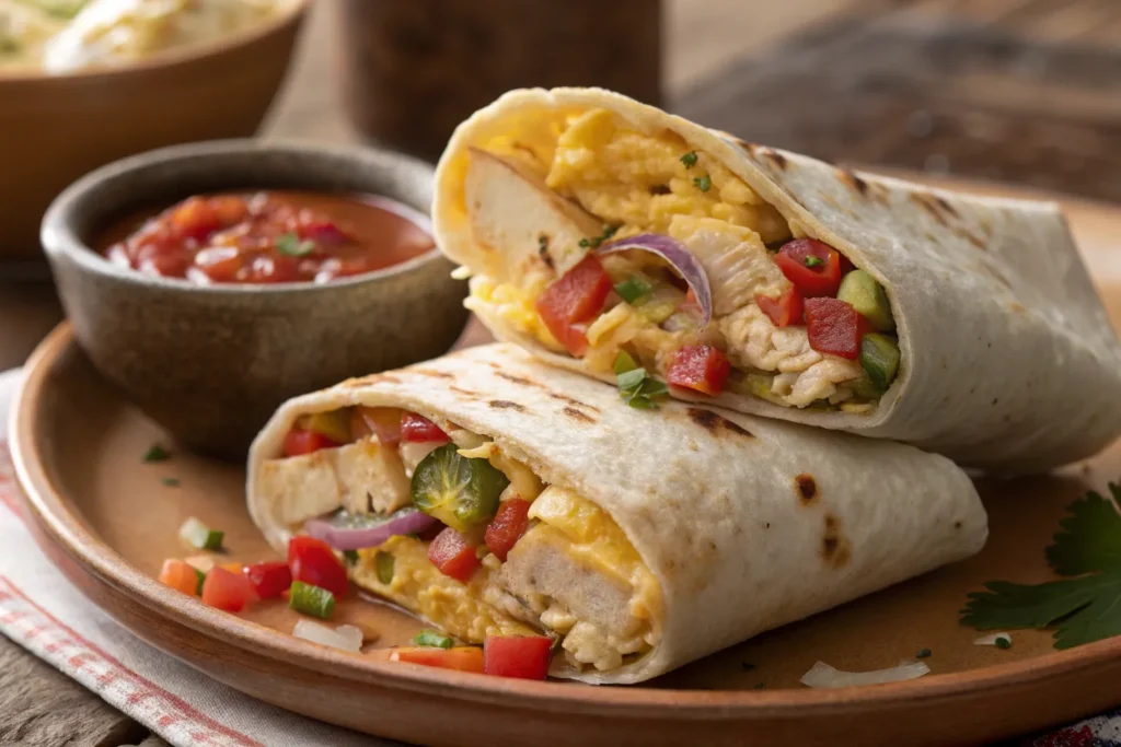 "Close-up of a chicken breakfast burrito filled with scrambled eggs, shredded chicken, vegetables, and melted cheese on a plate"