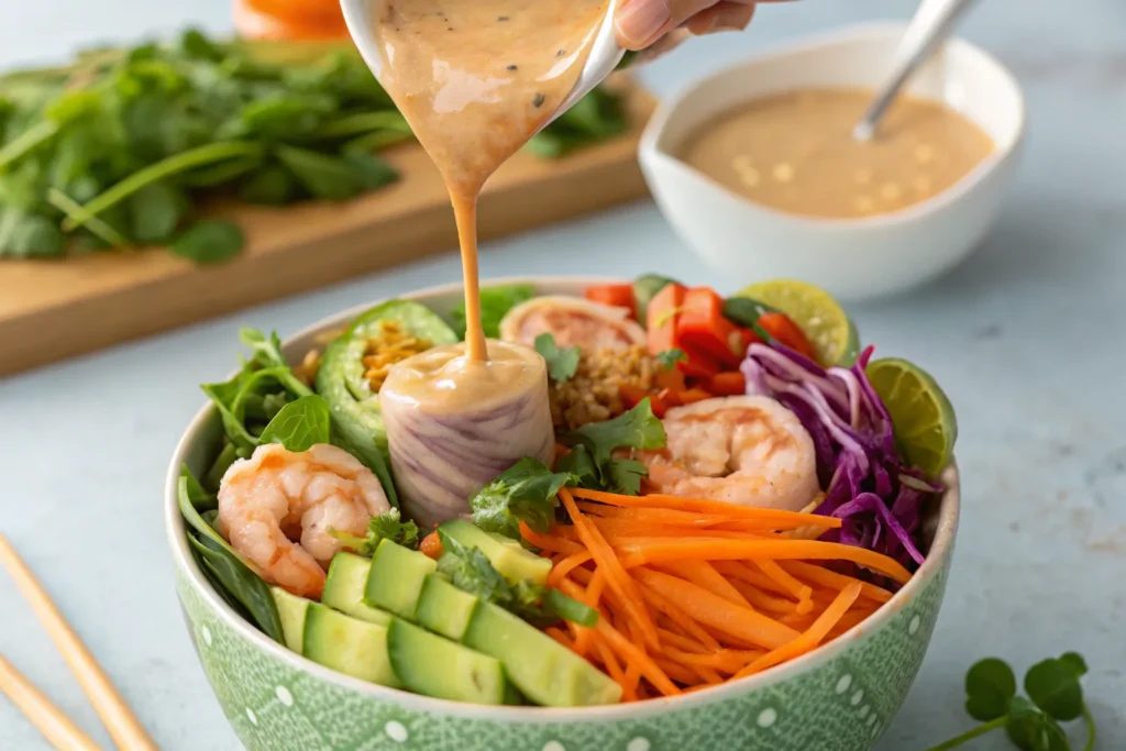 "Creamy peanut sauce being drizzled over a colorful spring roll bowl with shrimp and fresh veggies."
