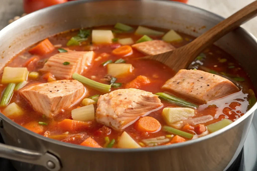 "A close-up of salmon stew served in a white bowl, garnished with fresh parsley and a lemon wedge."
