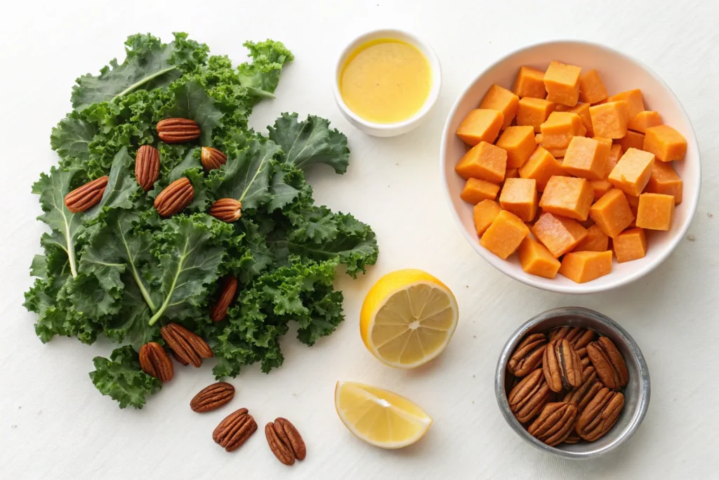 "A flat lay of kale sweet potato salad ingredients, including kale, sweet potatoes, lemon, pecans, and a small bowl of dressing."
