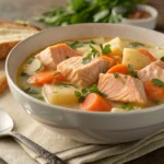 "A steaming bowl of salmon stew with chunks of salmon, potatoes, carrots, and herbs in a creamy broth."