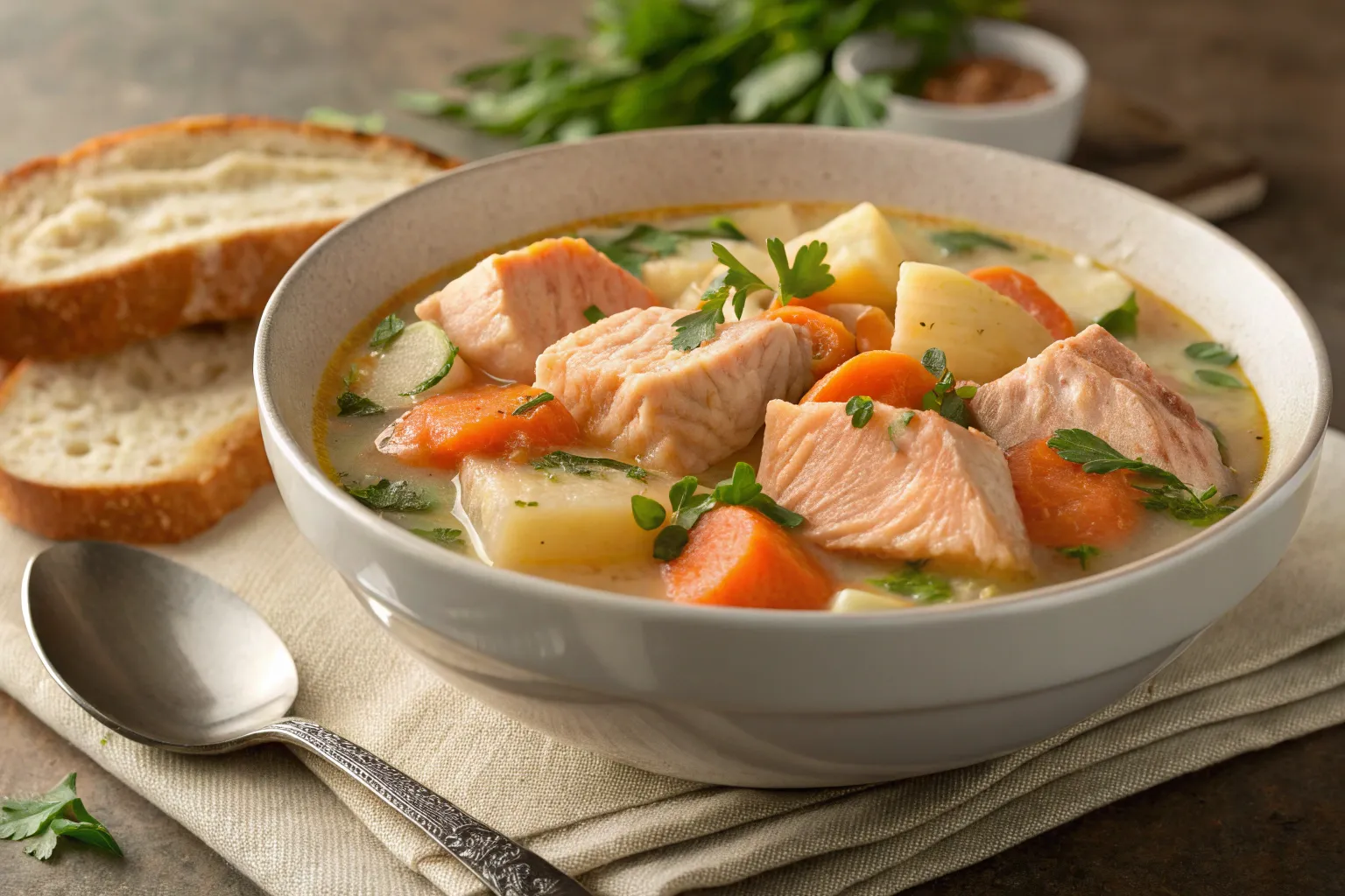 "A steaming bowl of salmon stew with chunks of salmon, potatoes, carrots, and herbs in a creamy broth."