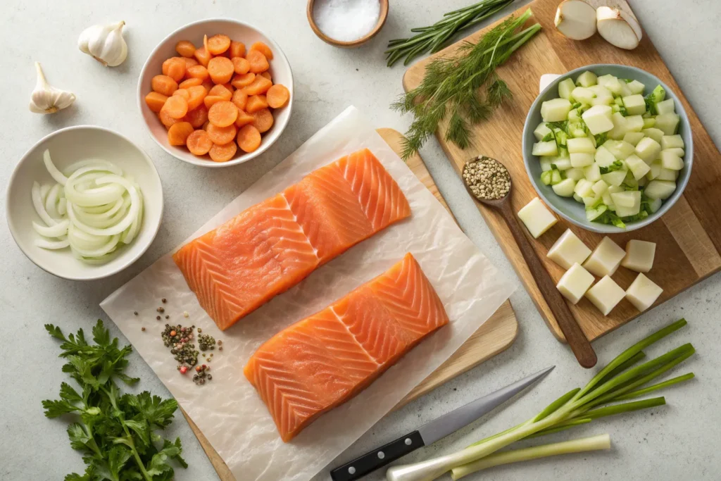 "Fresh salmon fillets, diced onions, garlic cloves, carrots, celery, potatoes, and herbs arranged on a wooden table."
