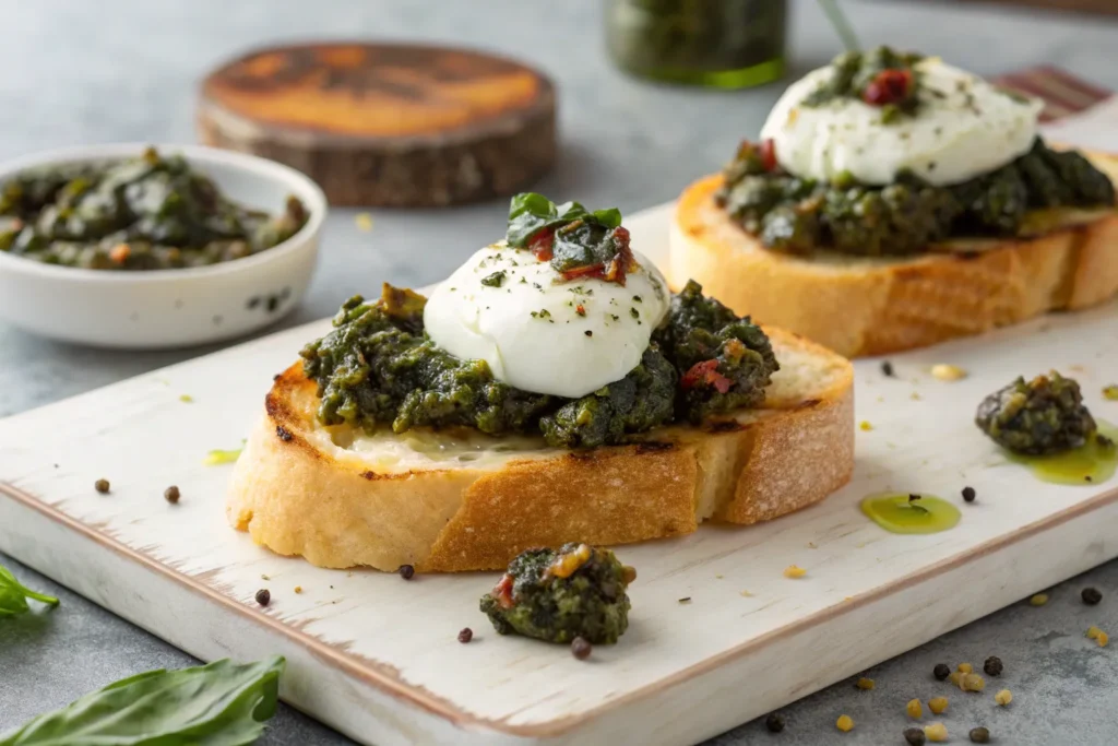 "Crispy crostini topped with olive tapenade and creamy burrata cheese."
