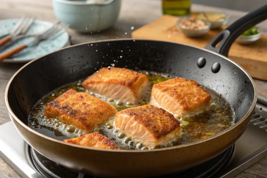 "Crispy salmon bites frying in a skillet with a golden crust."