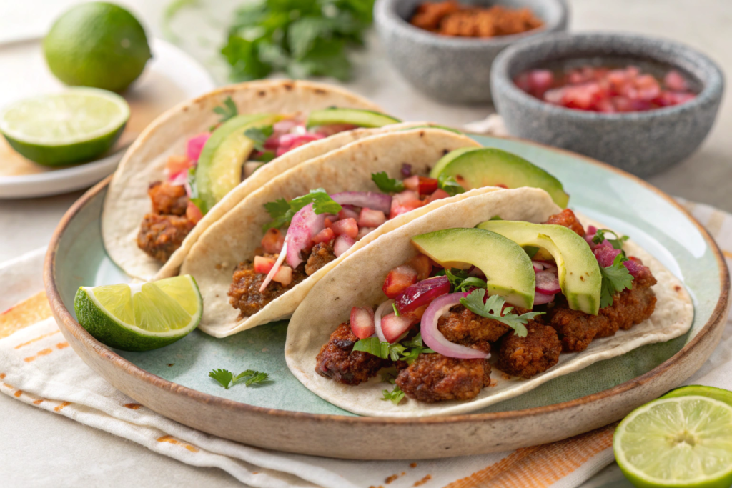 Chorizo breakfast tacos topped with avocado slices, salsa, and pickled onions.
