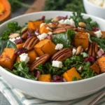 "A vibrant kale sweet potato salad with roasted sweet potatoes, massaged kale, pecans, and crumbled goat cheese, served in a large white bowl."