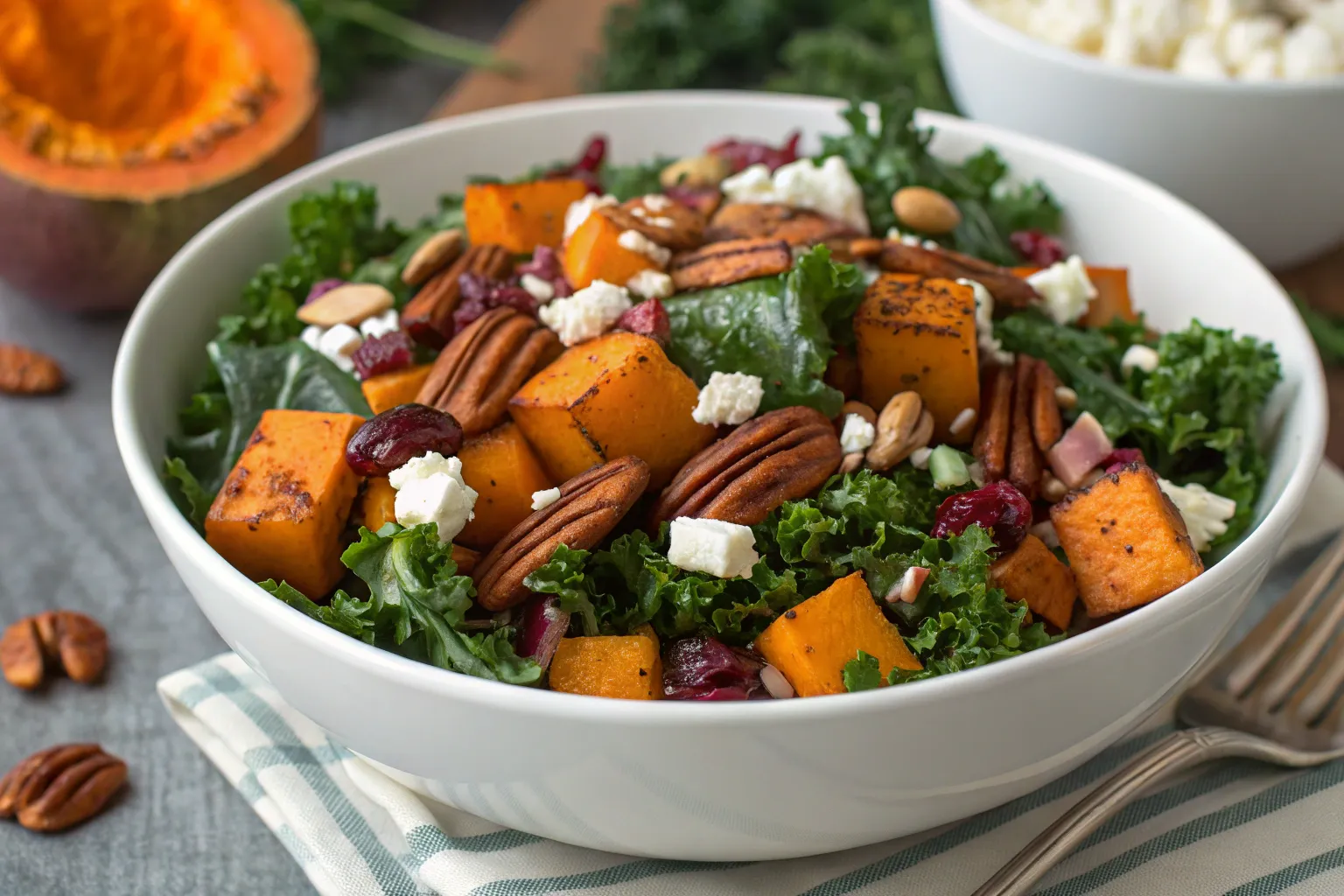 "A vibrant kale sweet potato salad with roasted sweet potatoes, massaged kale, pecans, and crumbled goat cheese, served in a large white bowl."