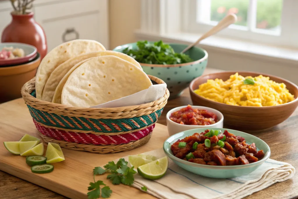 DIY taco bar setup with tortillas, chorizo, scrambled eggs, cheese, and various toppings.
