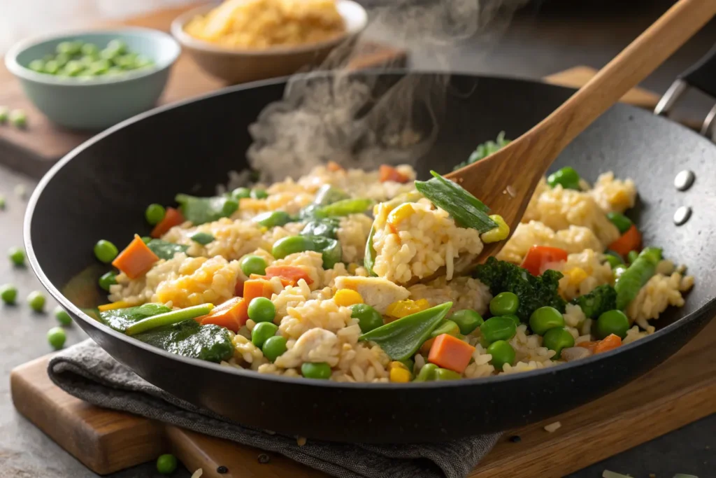 "Step-by-step process of stir-frying Shanghai Fried Rice in a wok, with golden eggs and colorful vegetables."
