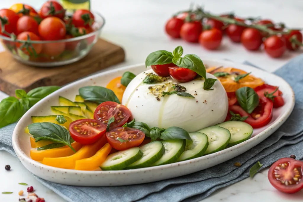 "Elegant burrata cheese appetizer platter with colorful ingredients and garnishes."
