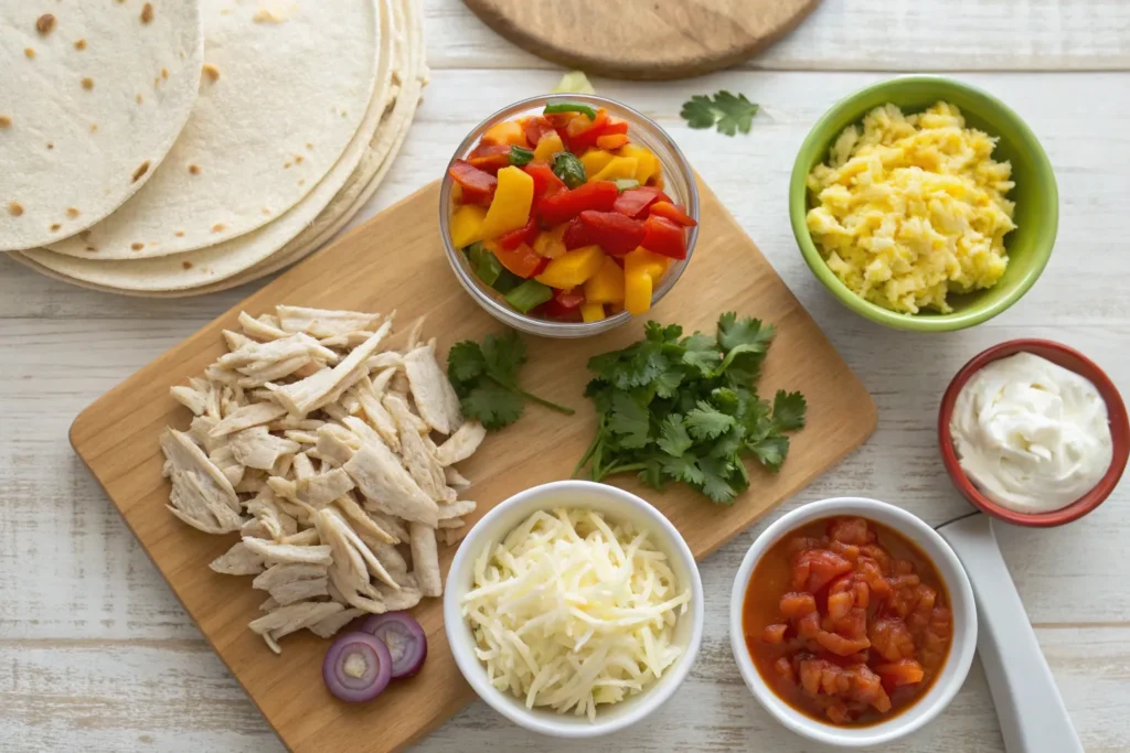 "Flat lay of ingredients for a chicken breakfast burrito, including tortillas, cooked chicken, bell peppers, onions, and eggs"
