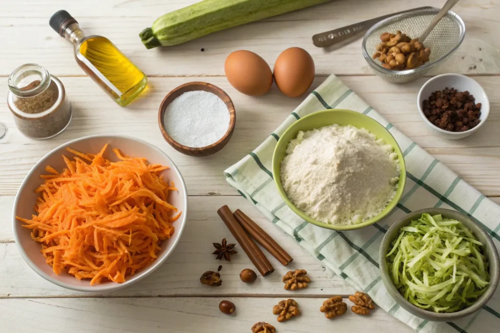 "Flat lay of fresh ingredients for carrot cake zucchini muffins, including grated carrots, shredded zucchini, flour, eggs, sugar, cinnamon sticks, vanilla extract, vegetable oil, walnuts, and raisins, arranged on a rustic wooden table with warm natural lighting."