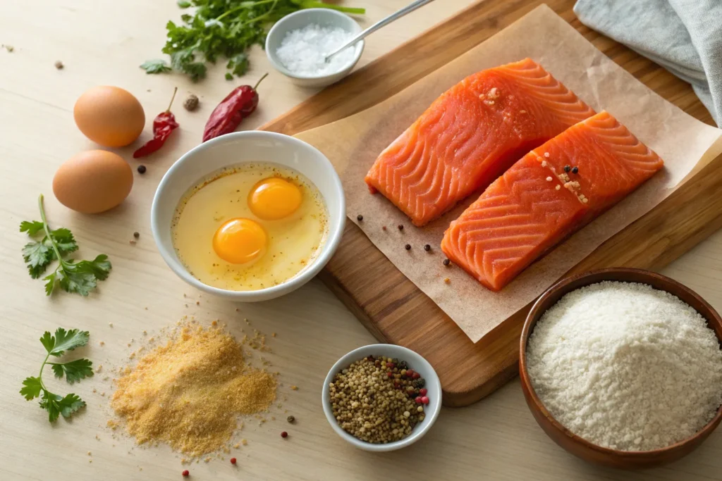 "Fresh salmon fillets, panko breadcrumbs, eggs, flour, and spices laid out for making crispy salmon bites."